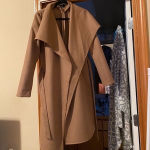 Tan, woolen, wrap front coat